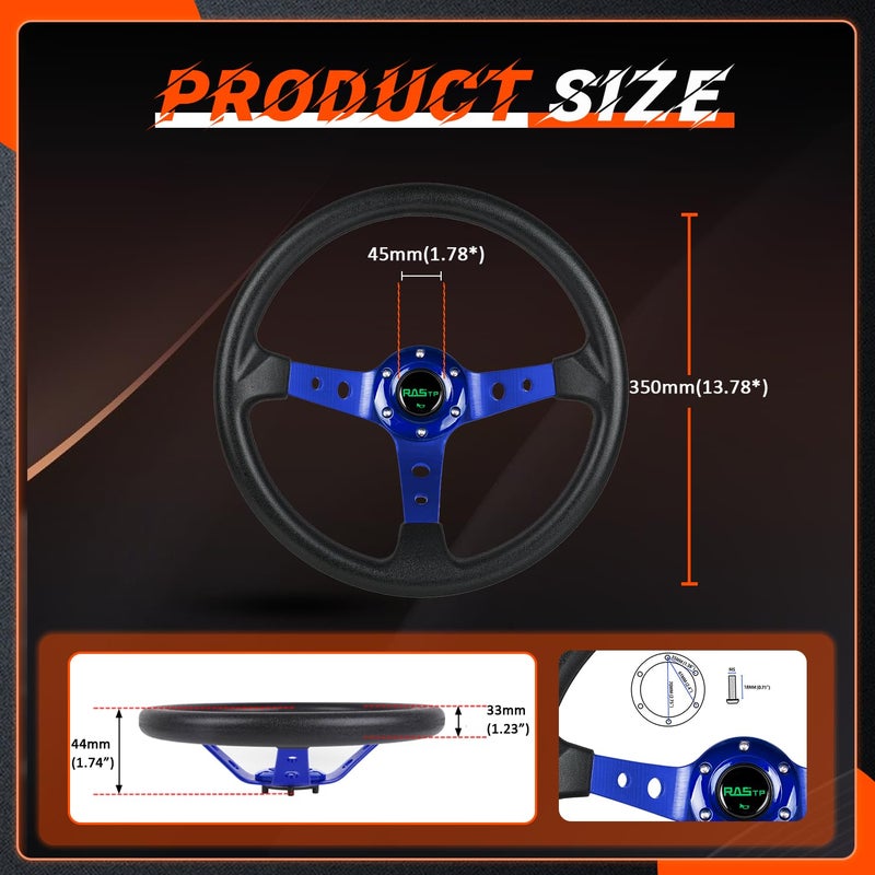 RASTP Universal Racing Steering Wheel,Drifting Deep Dish Steering Wheel 13.8â€/350mm 6 Bolts Grip Vinyl Leather & Aluminum with Horn Button for Car -Blue - Image 5